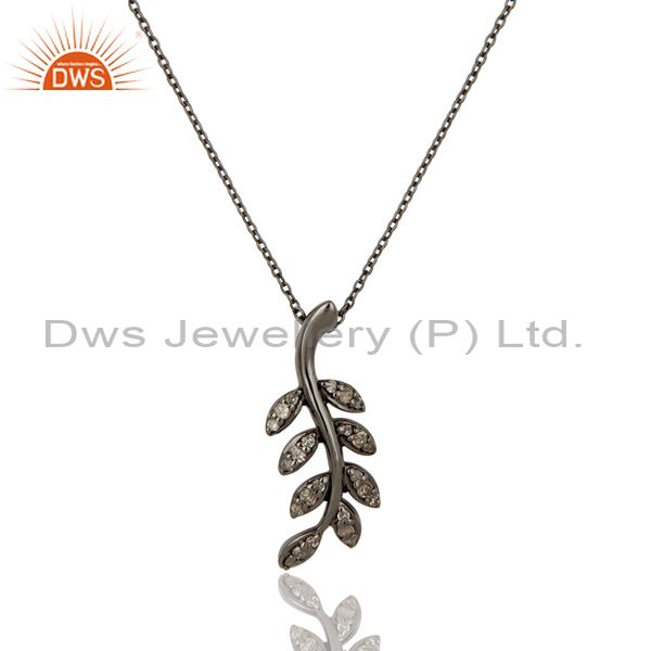 925 sterling silver handmade oxidized leaf design pave diamond pendant jewelry