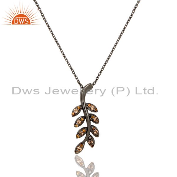 Black oxidized with spessartite leaf design sterling silver pendant necklace