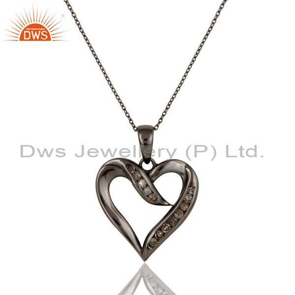 Heart design sterling silver pendant necklace with black oxidized and diamond