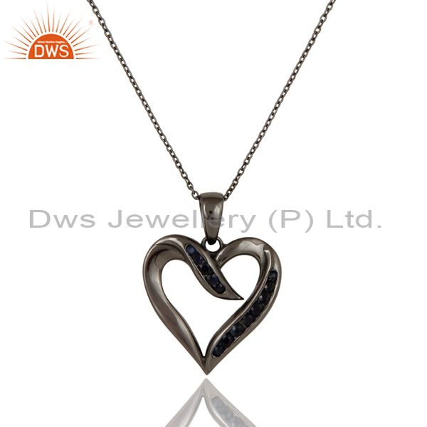Heart design sterling silver pendant necklace with oxidized and blue sapphire