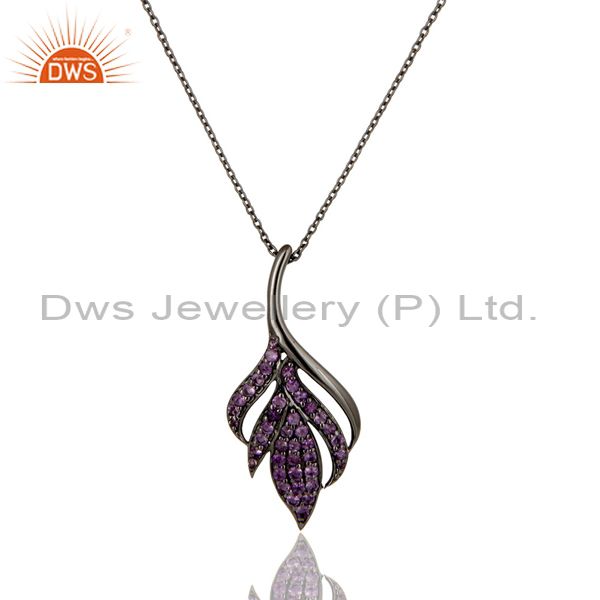 Black oxidized 925 sterling silver round cut amethyst chain pendant necklace