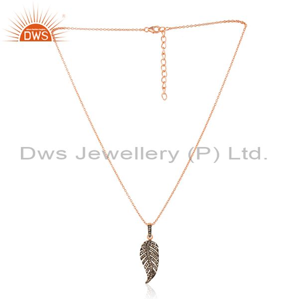Feather design rose gold plated sterling silver pave diamond pendant