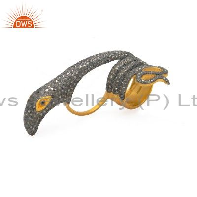 18K Yellow Gold Plated Sterling Silver Pave Set Diamond Designer Snake Ring