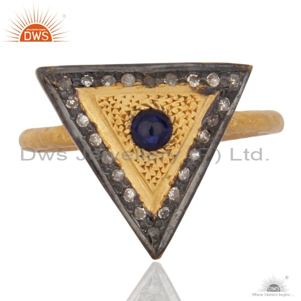 Natural Pave Diamond 18K Gold On 925 Sterling Silver Blue Sapphire Gemstone Ring