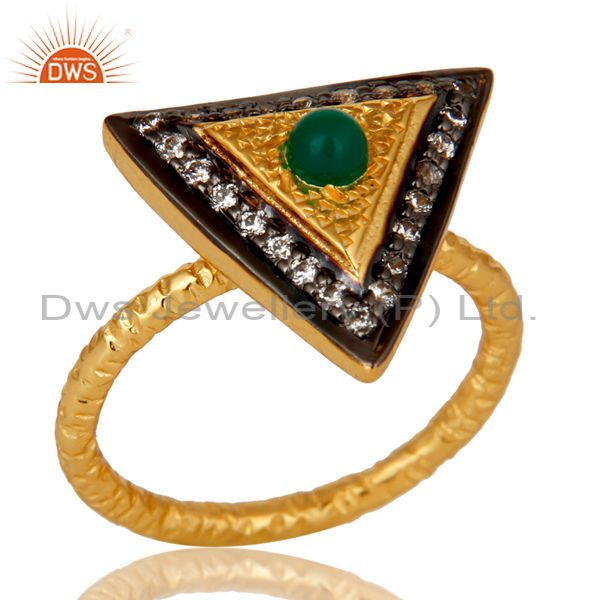 18K Yellow Gold Plated Sterling Silver Green Onyx Hammered Band Ring With CZ