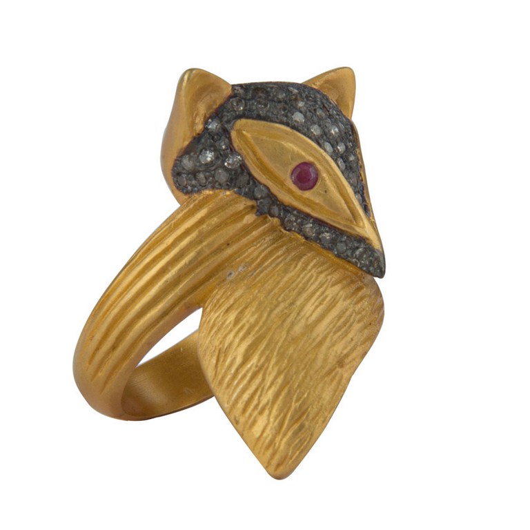 18K Gold Over Sterling Silver Ruby And Pave Diamond Owl Ring