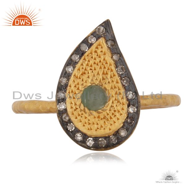 18k Gold Plated 925 Sterling Silver Designer Pave Diamond Emerald Gemstone Ring