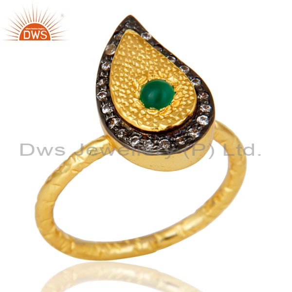 14K Yellow Gold Plated Sterling Silver Green Onyx Hammered Drop Ring With CZ