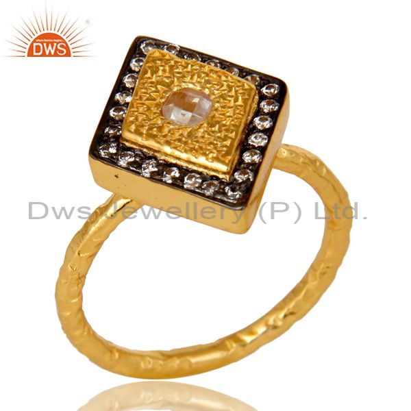 14K Yellow Gold Plated Sterling Silver Cubic Zirconia Hammered Statement Ring