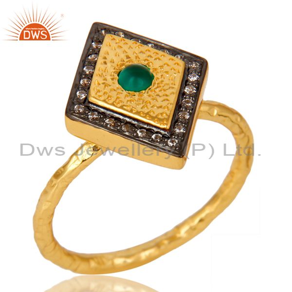 14K Yellow Gold Plated Sterling Silver Green Onyx And CZ Hammered Statement Ring