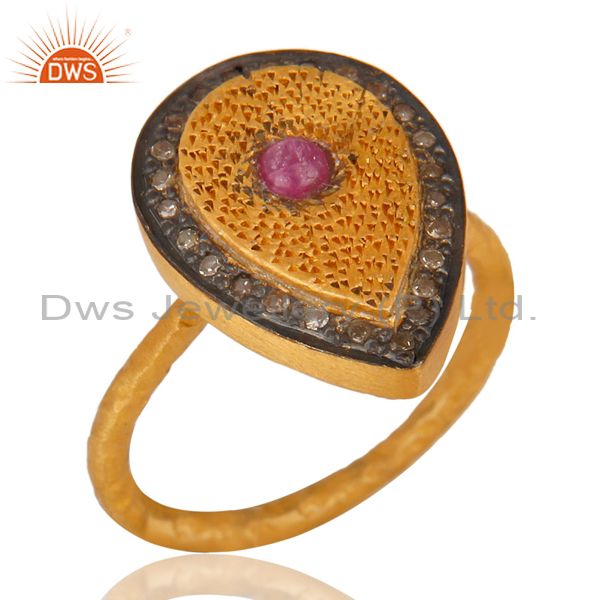Ruby Pave Diamond Hammered Band Sterling Silver Ring - Yellow Gold Plated