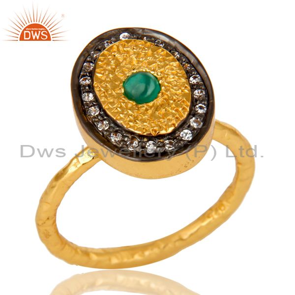 14K Yellow Gold Plated Sterling Silver Green Onyx And CZ Hammered Band Ring