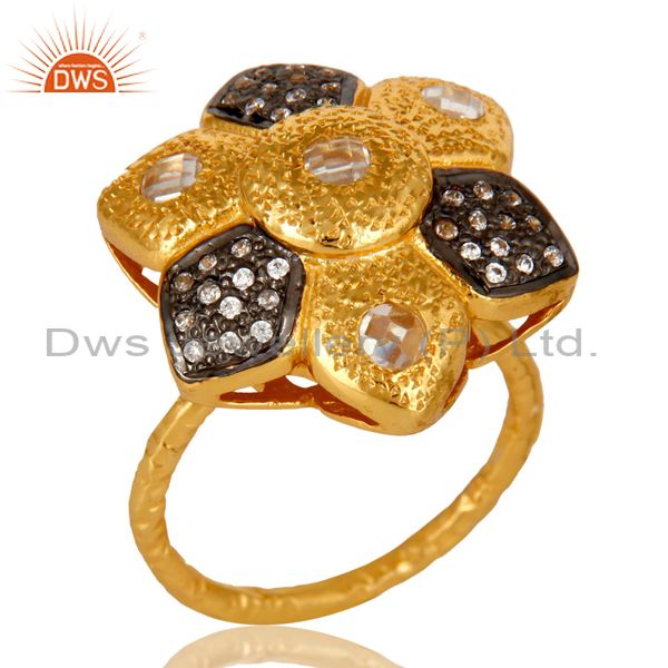 14K Yellow Gold Plated Sterling Silver Cubic Zirconia Flower Cocktail Ring