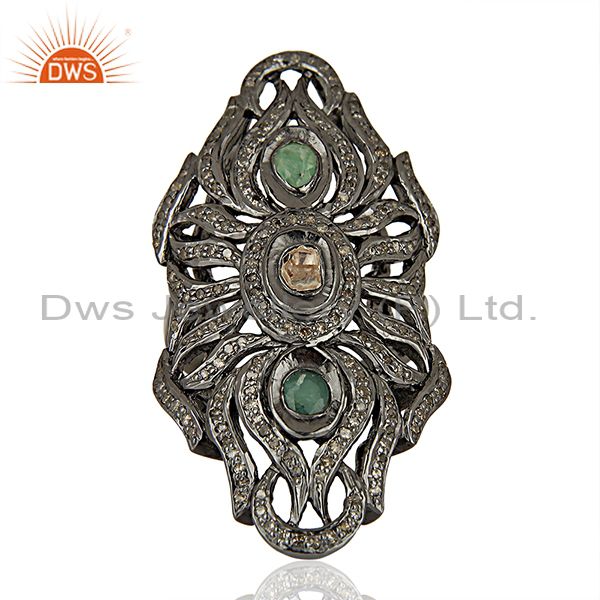 Handmade Emerald Gemstone Pave Diamond Antique Rings Jewelry Supplier
