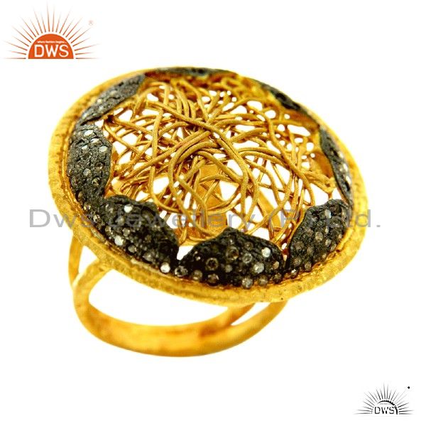 14K Yellow Gold Plated Sterling Silver Pave Set Diamond Cocktail Fashion Ring