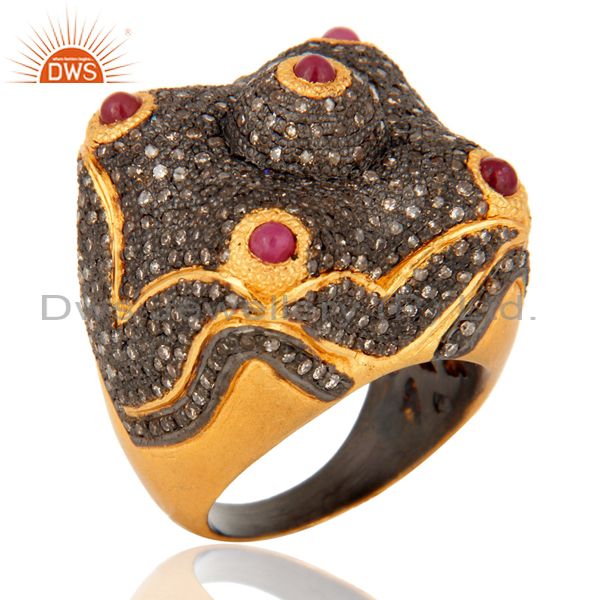 18K Gold Over 925 Sterling Silver Ruby Diamond Pave Designer Dome Ring