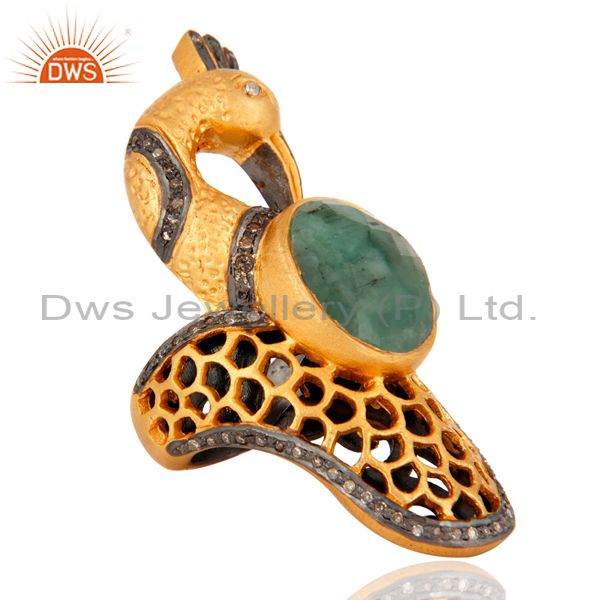 18K Gold Plated 925 Sterling Silver Pave Diamond Emerald Peacock Design Ring