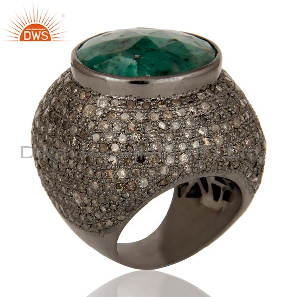.925 Sterling Silver 18k Gold Emerald Pave Diamond Designer Wedding Ring Jewelry