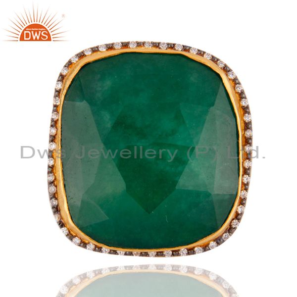 18K Yellow Gold Plated Green Aventurine And CZ Cocktail Fashion Ring