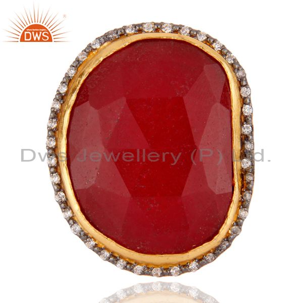 Faceted Red Aventurine Gemstone 24K Gold Plated Cocktail Ring With CZ