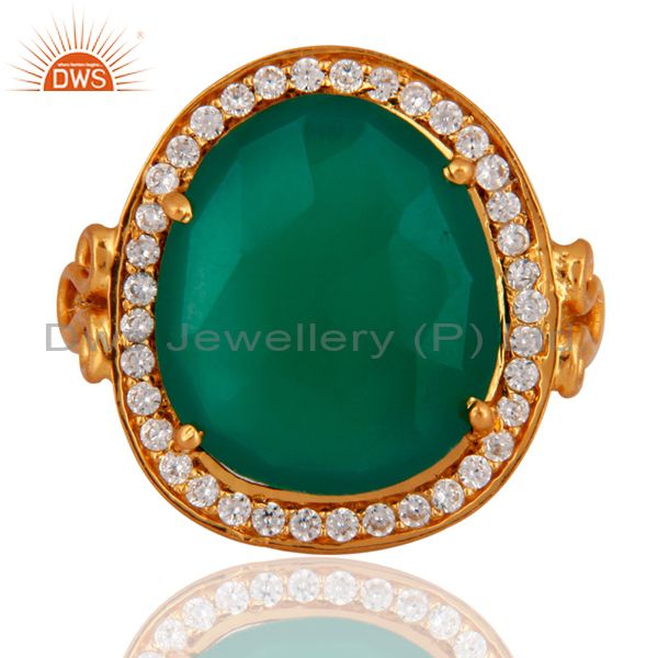 18K Gold Plated Sterling Silver Prong Set Green Onyx Ring With CZ