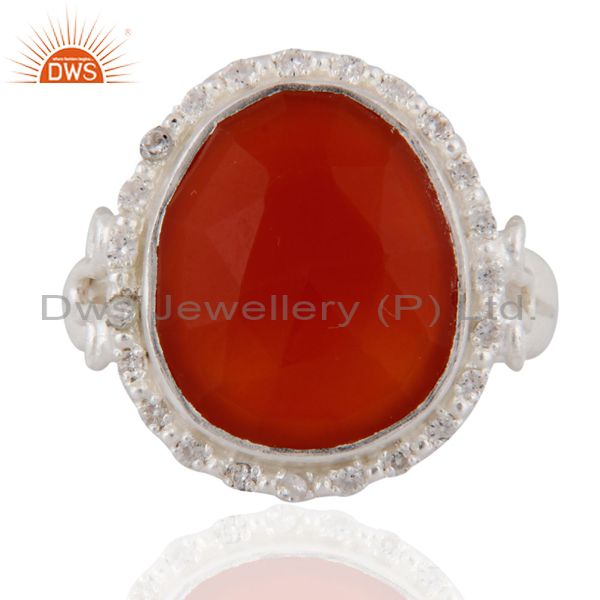 925 Sterling Silver Faceted Red Onyx Gemstone And White Zircon Handmade Ring