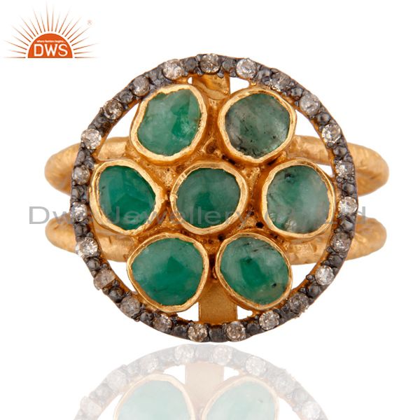 925 SIlver Diamond High Quality Emerald Designer Cocktail Ring Plated with 24K G