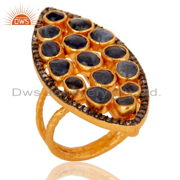 18K Yellow Gold Over Sterling Silver Blue Sapphire Pave Diamond Statement Ring