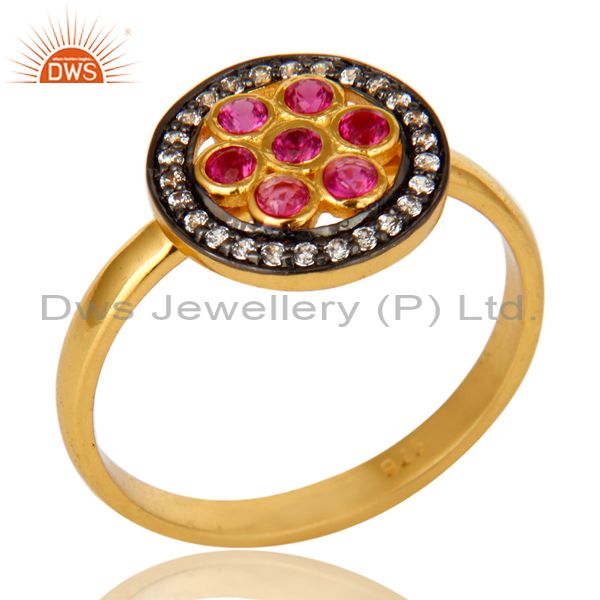 Shiny 14K Yellow Gold Plated Sterling Silver Ruby Cubic Zirconia Cocktail Ring