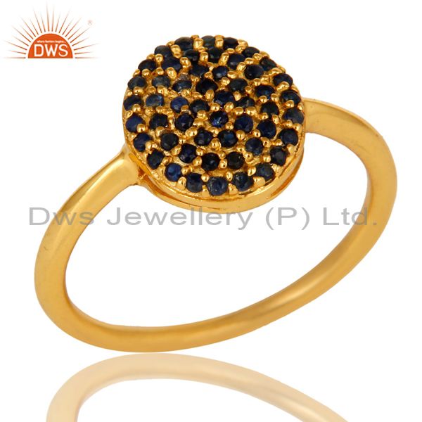18K Yellow Gold Plated Sterling Silver Pave Set Blue Sapphire Stackable Ring