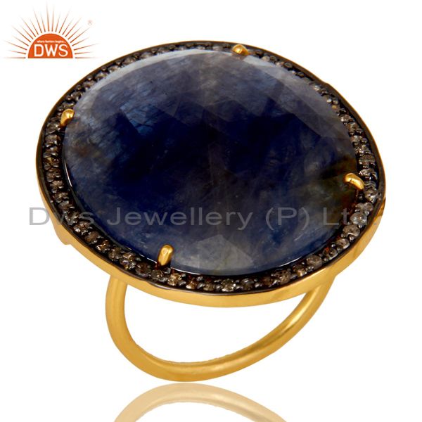 Pave Diamond And Blue Sapphire Cocktail Ring In 18K Yellow Gold Sterling Silver