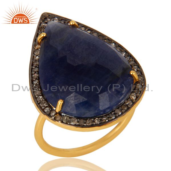 18K Yellow Gold Sterling Silver Pave Diamond And Blue Sapphire Stackable Ring