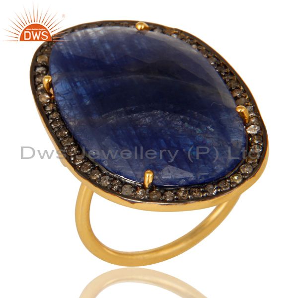 18K Yellow Gold Sterling Silver Pave Diamond And Blue Sapphire Cocktail Ring