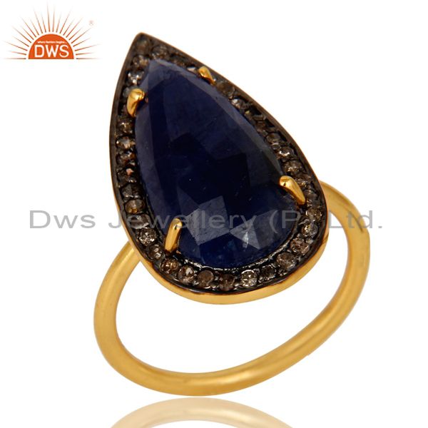 18K Yellow Gold Sterling Silver Pave Diamond And Blue Sapphire Statement Ring