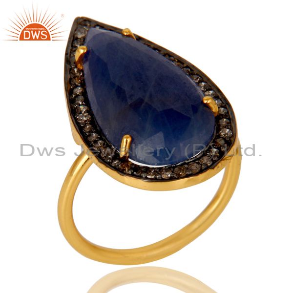 18K Yellow Gold Sterling Silver Pave Set Diamond Blue Sapphire Statement Ring