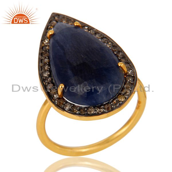 18K Yellow Gold Sterling Silver Diamond Pave Blue Sapphire Statement Ring