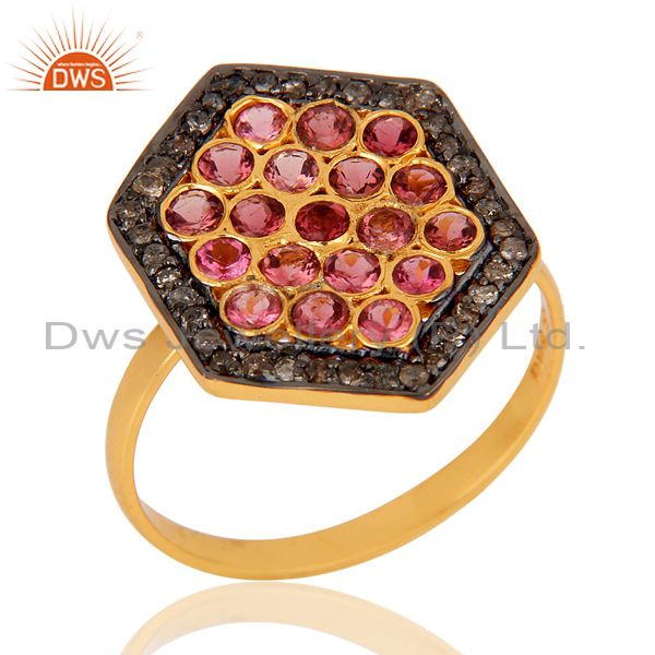Natural Pink Tourmaline and Pave Diamond 18K Gold Plated Sterling Silver Ring