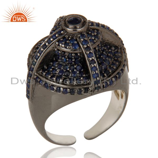 Victorian Estate Style Pave Set Natural Blue Sapphire Gemstone Silver Dome Ring