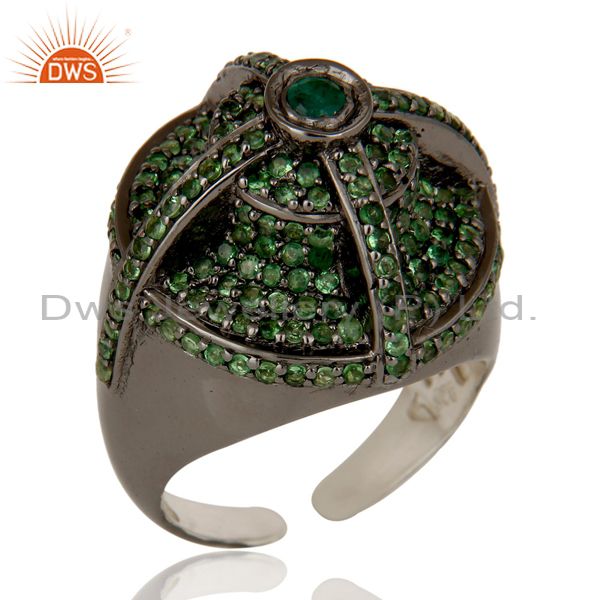 Victorian Estate Style Pave Tsavourite and Emerald Gemstone Silver Dome Ring