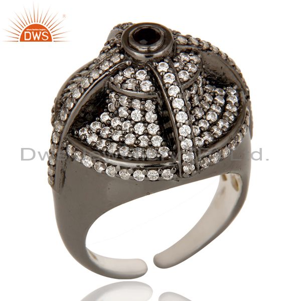 Victorian Estate Style Pave Set White CZ and Smokey Gemstone Silver Dome Ring