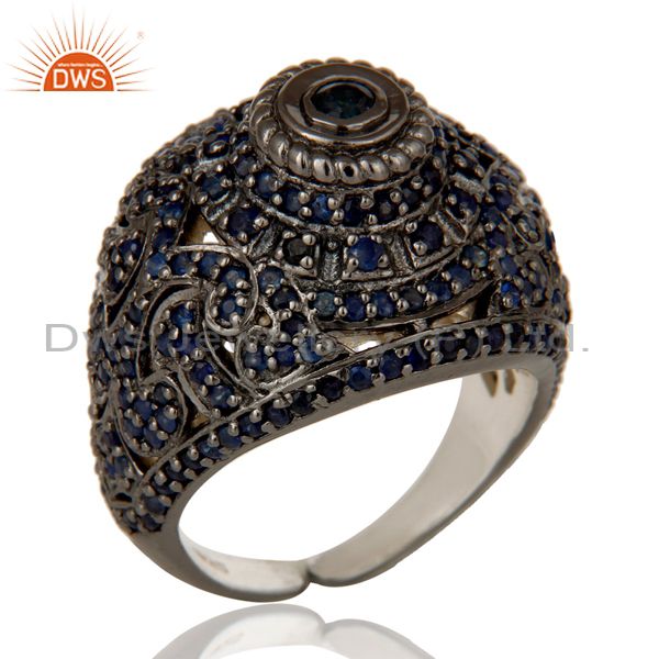 Pave Setting Blue Sapphire Victorian Estate Style Gemstone Silver Ring