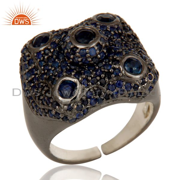 Pave Blue Sapphire Birthstone Victorian Estate Style Gemstone 925 Silver Ring