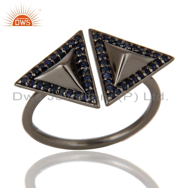Blue Sapphire Sterling Silver Black Oxidized Pyramid Shape Ring Statement Ring
