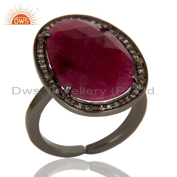 Pave Diamond and Natural Ruby Black Oxidized Sterling Silver Adjustable Ring