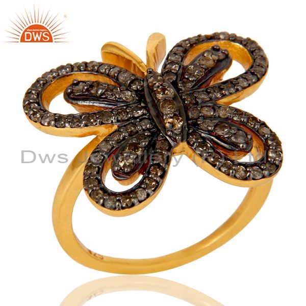 18K Gold Plated Sterling Silver Diamond Butterfly Designer Ring
