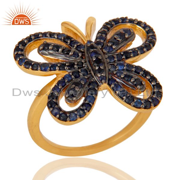 18K Gold Plated Sterling Silver Blue Sapphire Butterfly Designer Ring