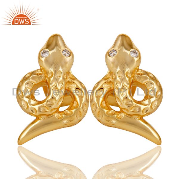 18K Gold Plated Handmade Art Snake Design Studs Brass Earrings Jewellery