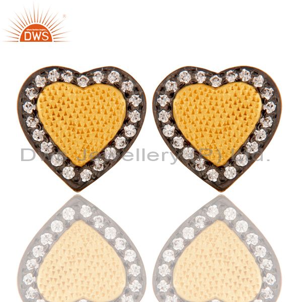18k Gold Plated Unique Heart Shape Design Brass Stud Earrings with White Zircon