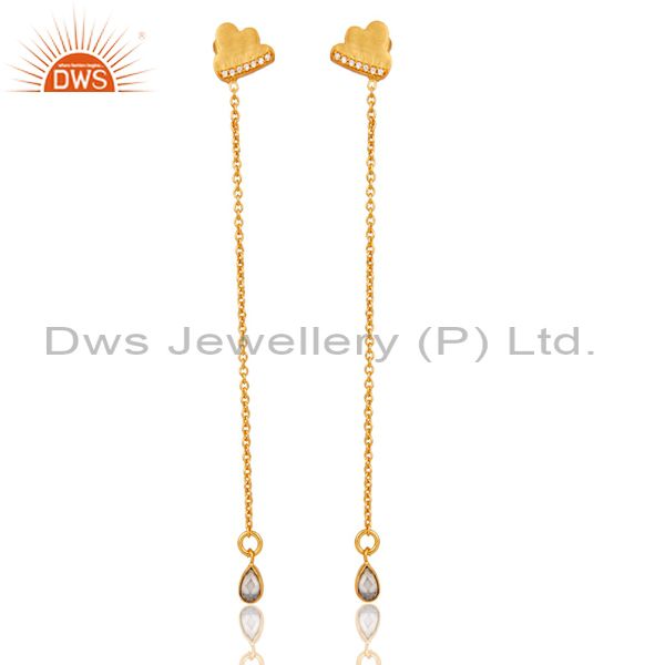 18k Yellow Gold Plated White Zirconia Fashion Long Dangle Brass Earrings