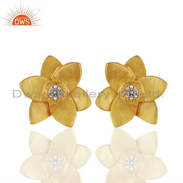 18k Gold Plated with White Zircon Flower Design Brass Earrings Jewellery